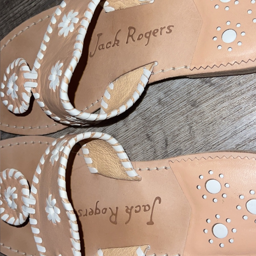 Jack Rogers Tan Sandals with White Floral Stitching - Picture 2 of 3